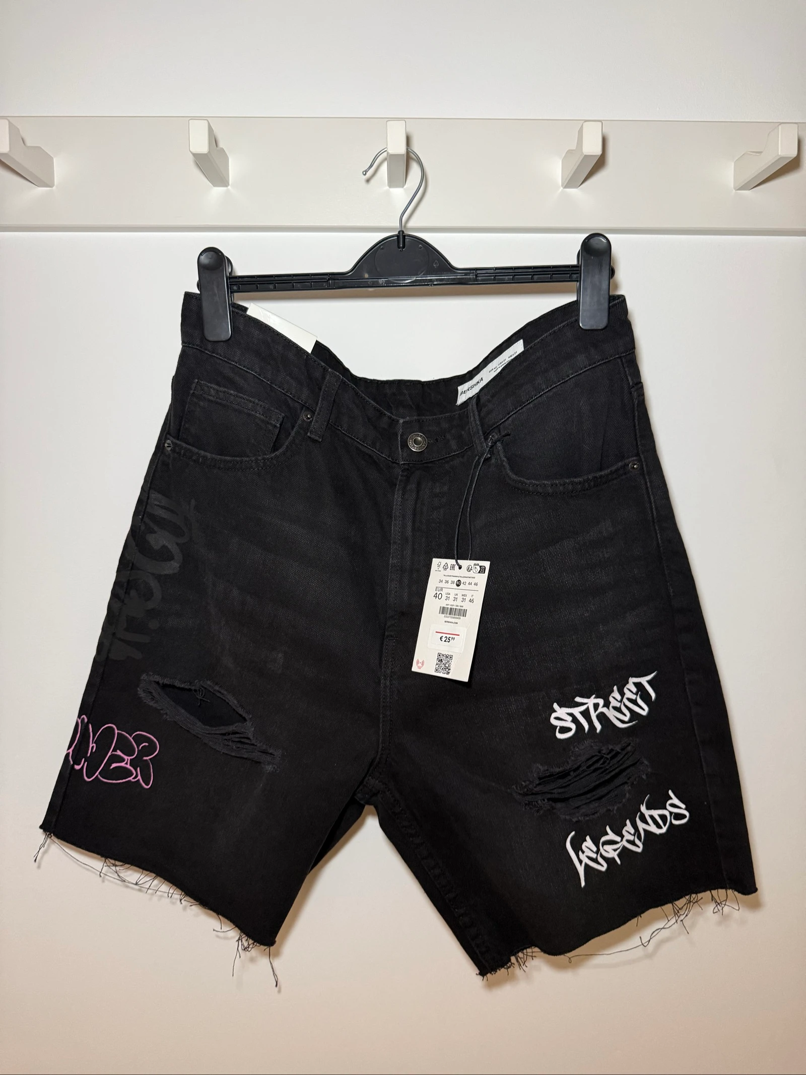 Bershka Black Distressed Denim Shorts with Graffiti Print